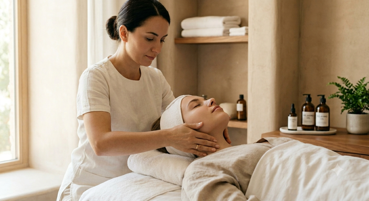Tangan terapis profesional sedang mempraktikkan gerakan lembut pijat limfatik Manual Lymphatic Drainage (MLD) pada area leher pasien di dalam klinik kecantikan.